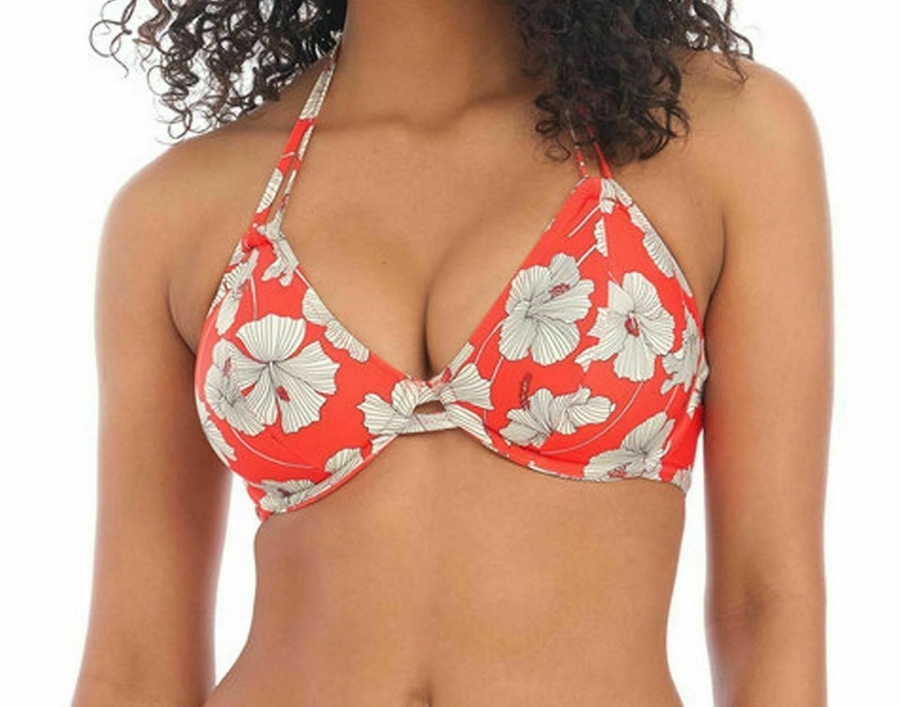 Freya Hibiscus Beach Bikini Top Size 32F Sunset Floral Halter Plunge Bra 201204