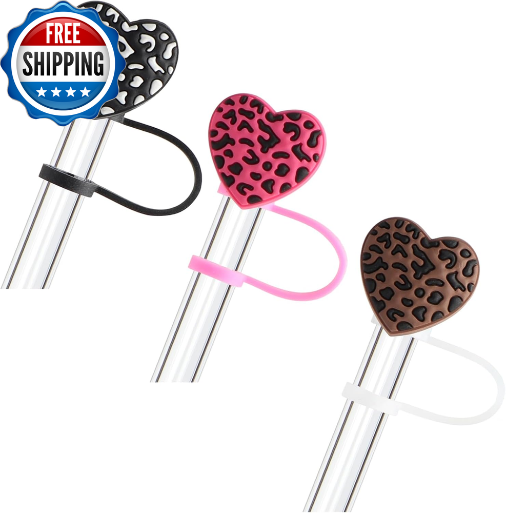 3Pcs Leopard Print Heart Silicone Straw Cover Cap for Stanley 40Oz & 30Oz Tumble