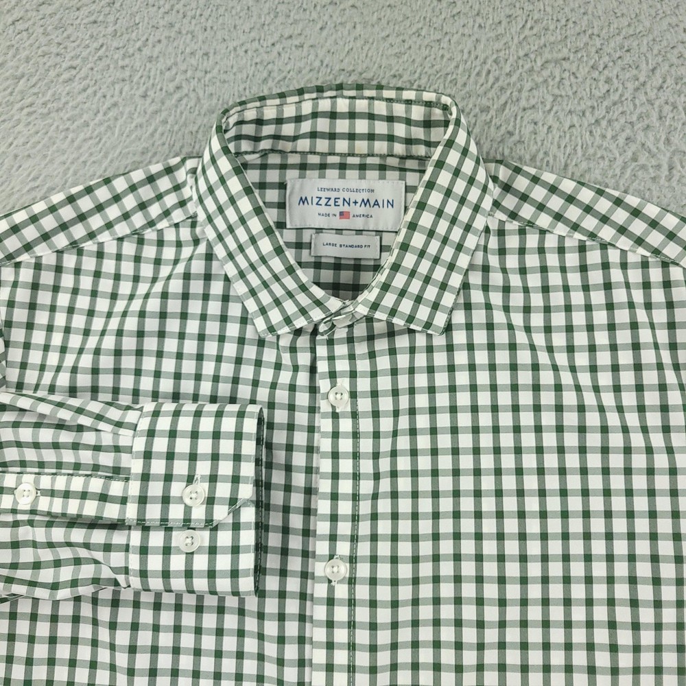 Mizzen+Main Dress Shirt Mens Large Green Gingham Leeward Standard Fit USA Made