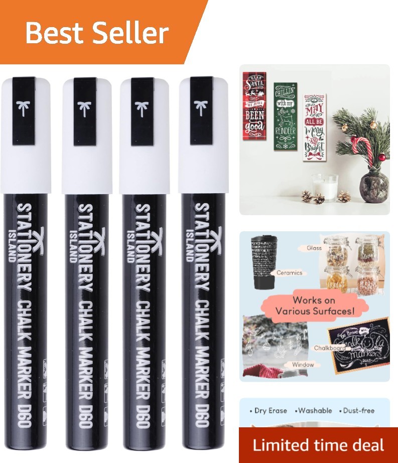 Pack of 4 Liquid Chalk Pens - Erasable White Chalk Markers with Chisel Nibs