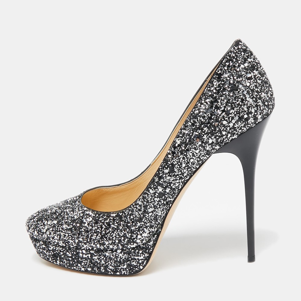 Jimmy Choo Silver/Black Glitter Cosmic Platform Pumps Size 39.5