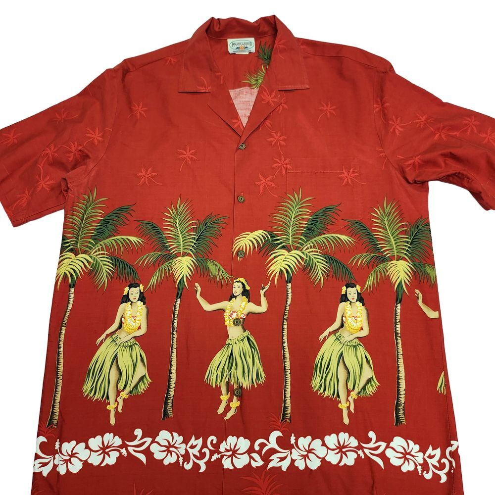 Pacific Legend Hawaiian Shirt Red Hula Dancer Palm Tree Tropical Aloha