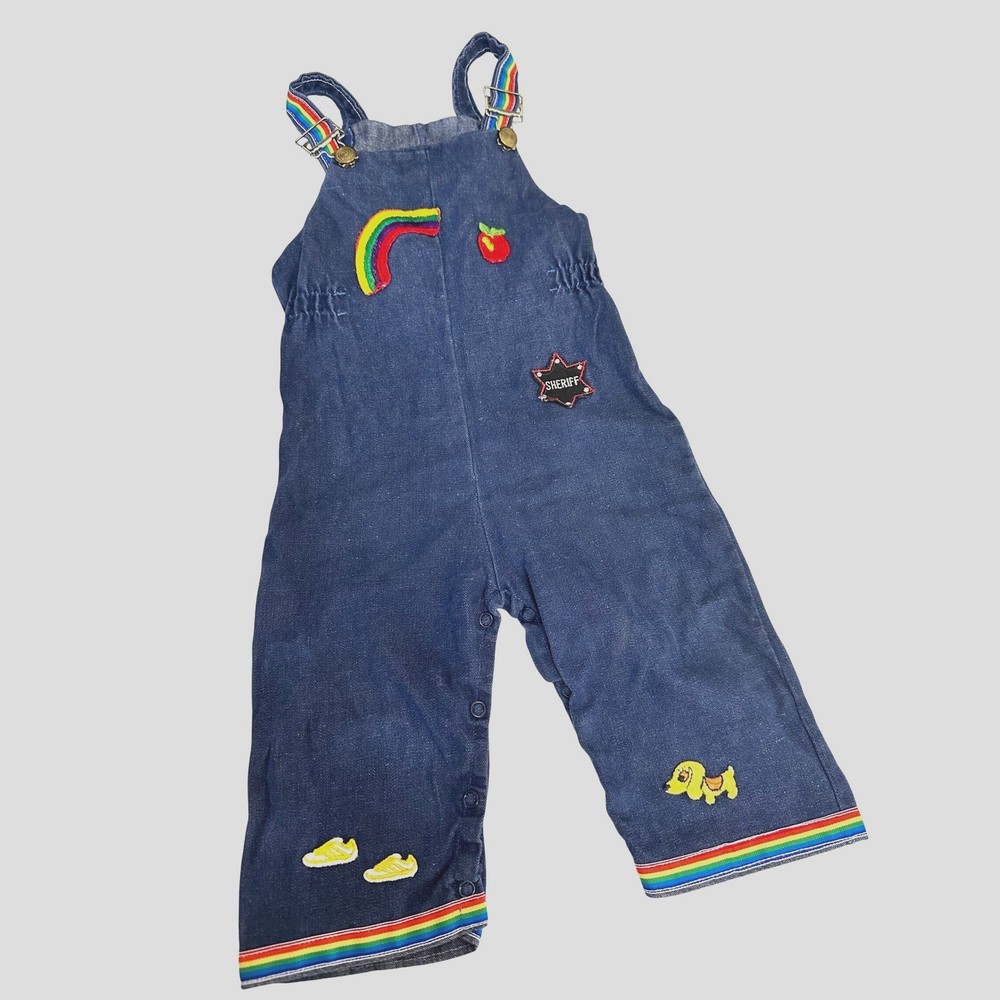 Vintage Shepherd Baby Rainbow Denim Overalls with Patches Size 18M Apple