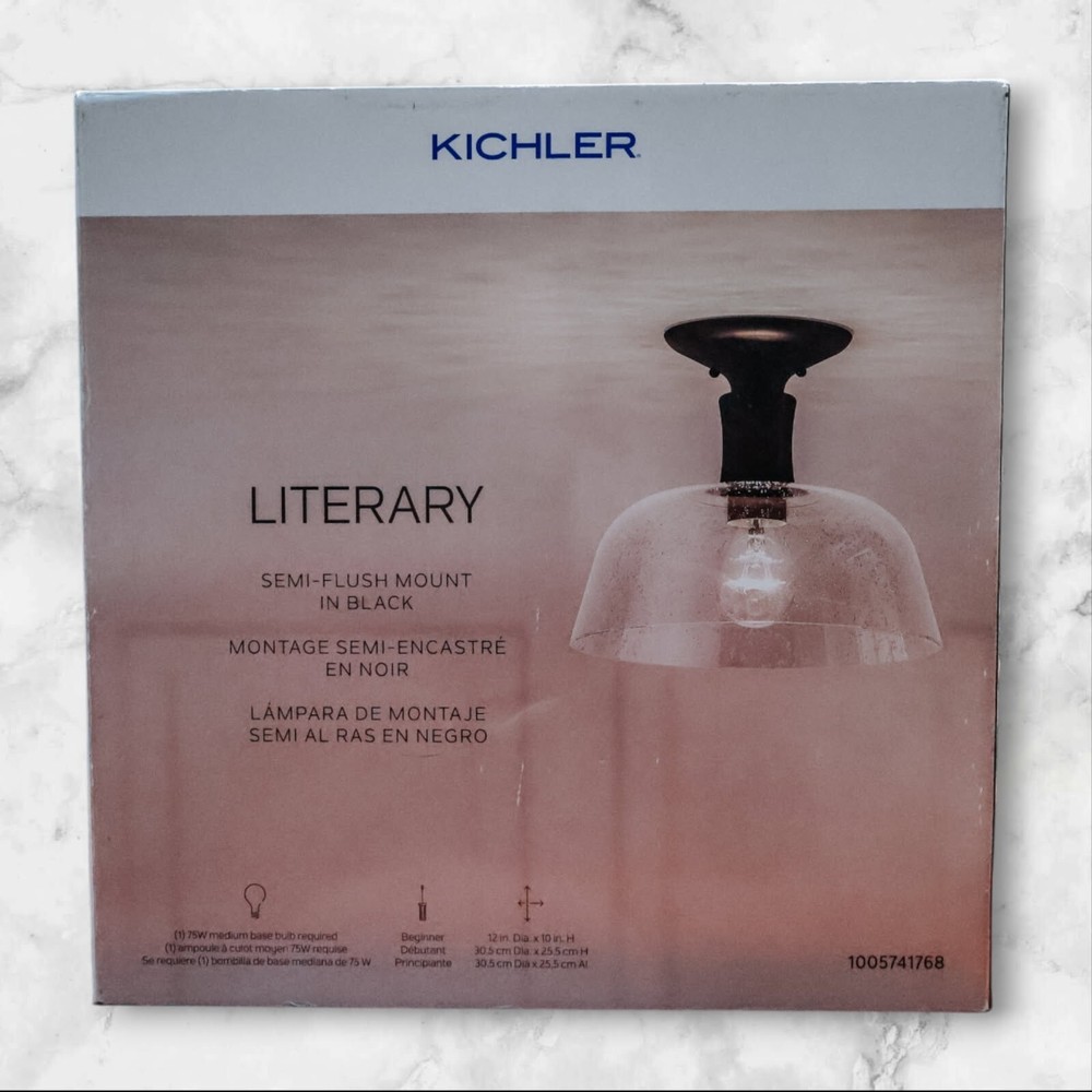 Kichler Literary Black 12 Inch Semi Flush Mount Light with Seeded Glass Shade