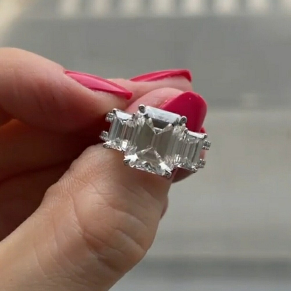 5Ct Emerald Cut Moissanite Engagement Ring in Sterling Silver