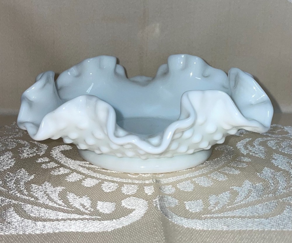 Fenton Hobnail Milk Glass 6 Inch Crimped Bon Bon Dish Marked Vintage