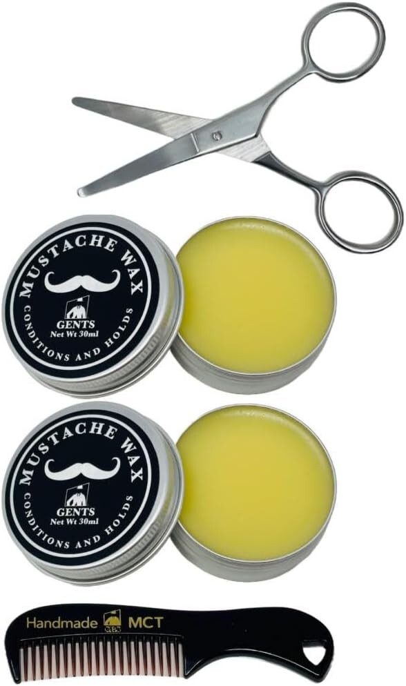 Mustache Wax Extra Strong Hold Fragrance Free 1oz grooming kit comb Scissors Set