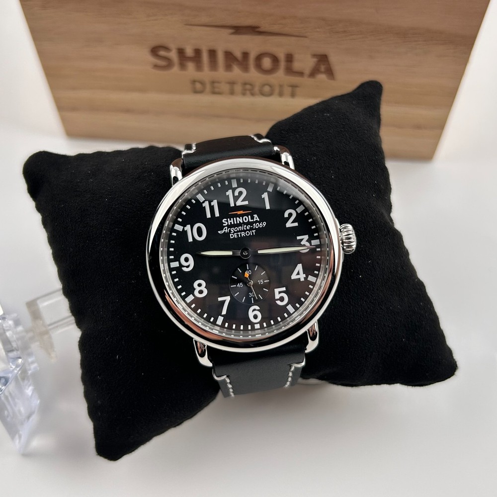 Shinola Runwell 41MM Black Dial Leather Strap 1069 Men's Quartz Watch New/Box