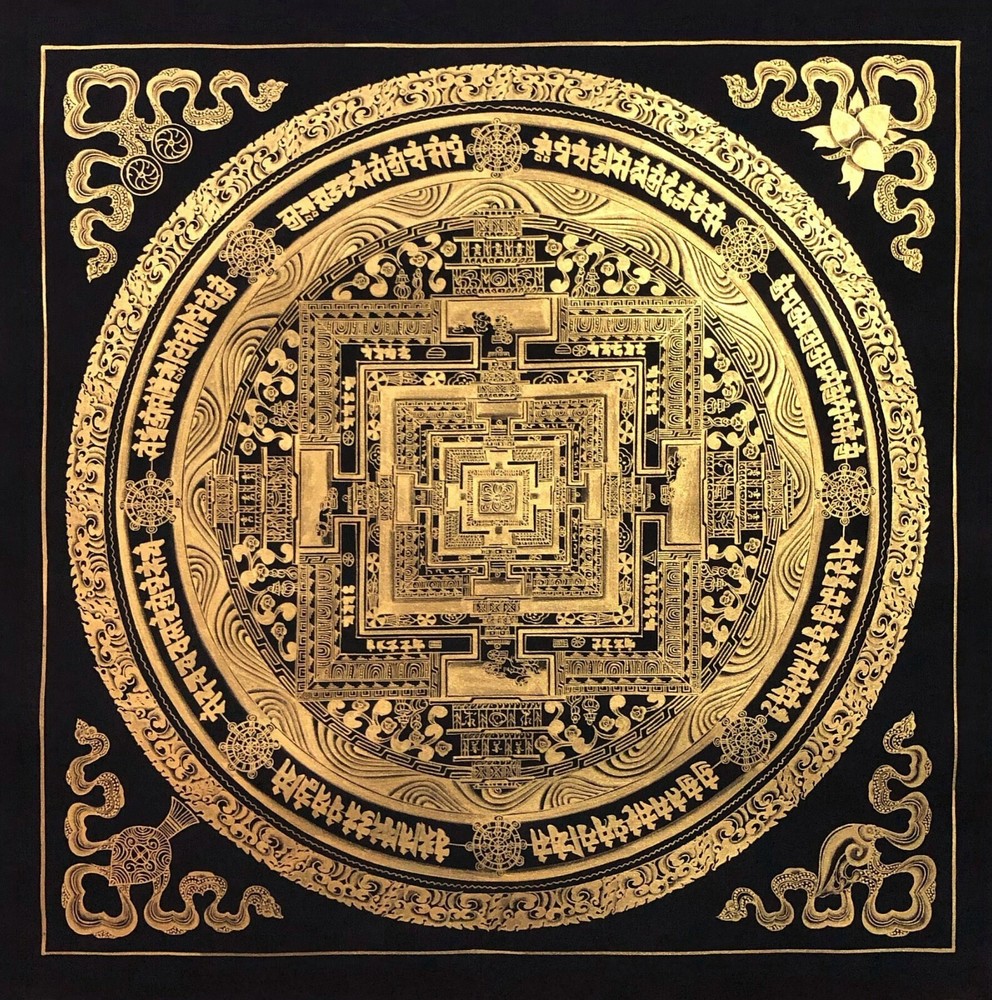 Blessed Black & Gold Kalachakra Mandala Thangka Painting, Hand Painted Wall Art