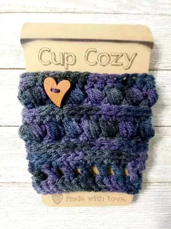 crochet handmade coffee cup drink cozy sleeve heart button purple print