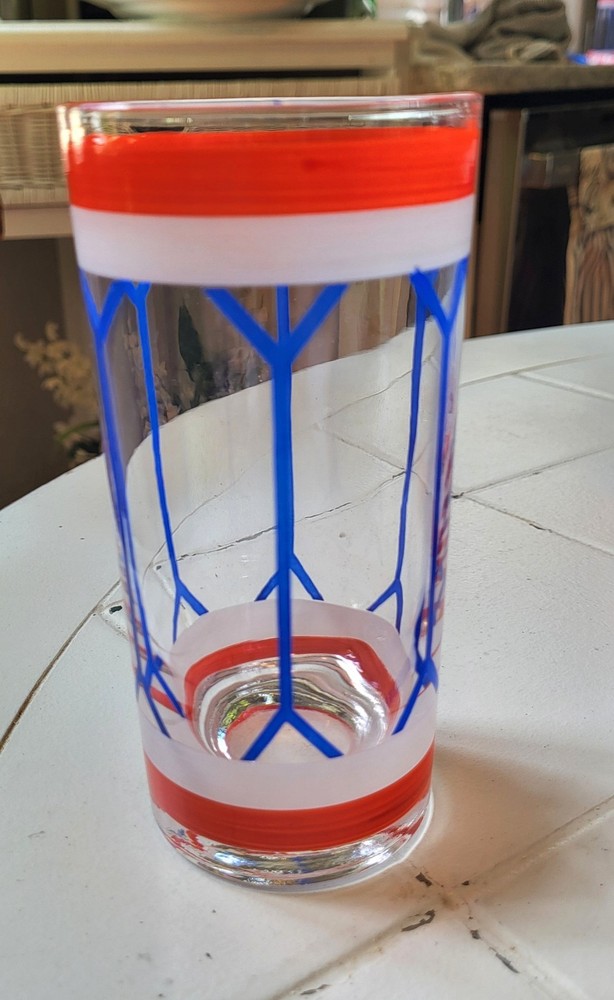 Set of 6 Red White Blue Glass Tumblers 9oz Drum Hand Painted Gay Fad Style MCM