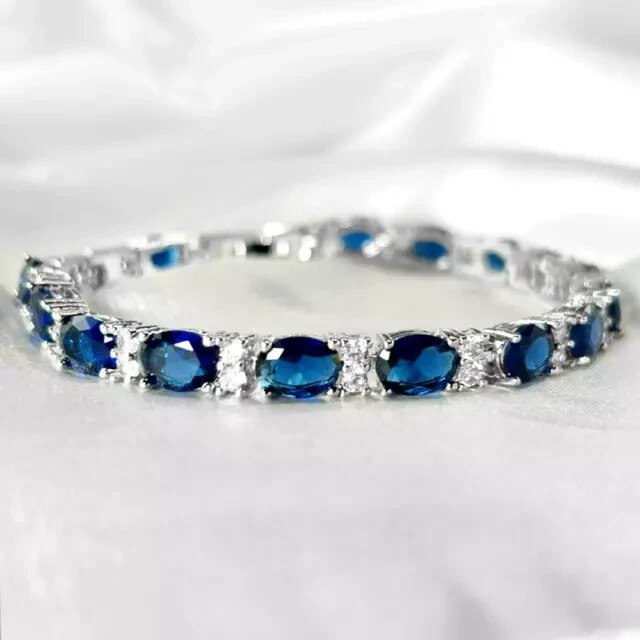14K White Gold Plated Lab-Created Sapphire and Blue Topaz Tennis Bracelet 7.5 Inches