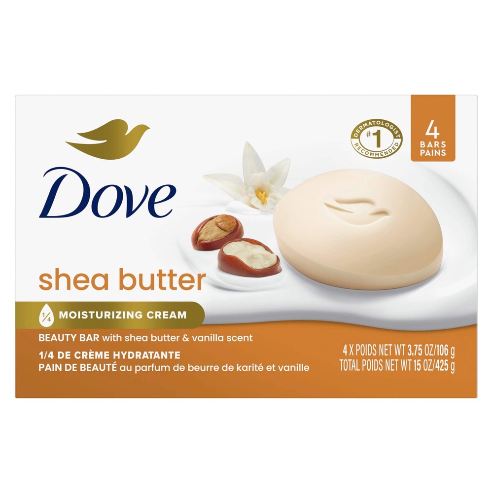 Dove Shea Butter Beauty Bar Soap 4-Pack for Nourished Radiant Skin