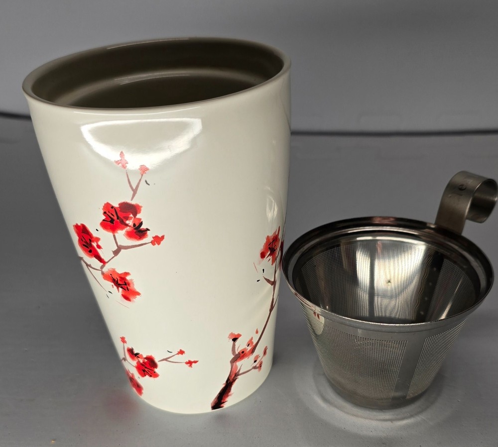 Tea Forte Tea Cup Mug Lid White Red Spring Blossoms 12oz