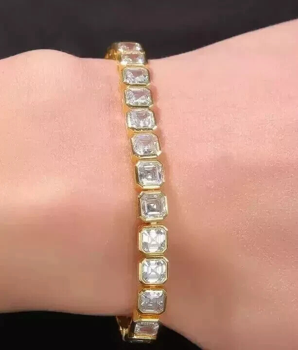 Lab Created Diamond 10Ct Asscher Cut Tennis Bracelet 14K Yellow Gold Plated 8.5