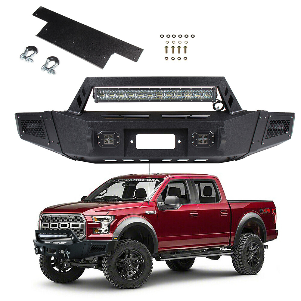 For 2009-2014 Ford F150 Textured Winch Front Bumper with Built-in Led Light Bar