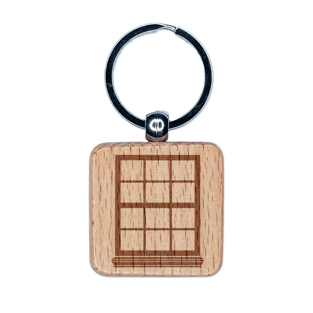 Closed Glass Window Engraved Wood Square Keychain Tag Charm