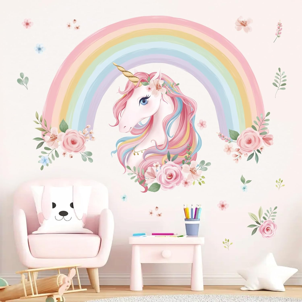 Large Rainbow Wall Decals Unicorn Flower Peel and Stick Wall Art Stickers for Gi