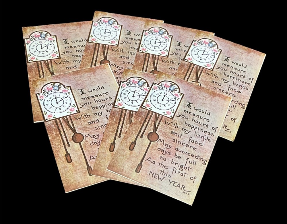 7 NOS VICTORIAN ERA NEW YEARS  GREETING POSTCARDS  CLOCK-image