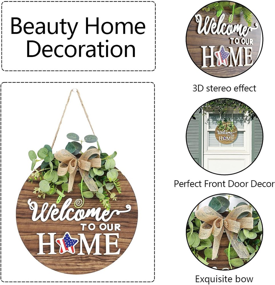 Interchangeable Seasonal Welcome Sign Front Door Decoration, Rustic round Wood W-image