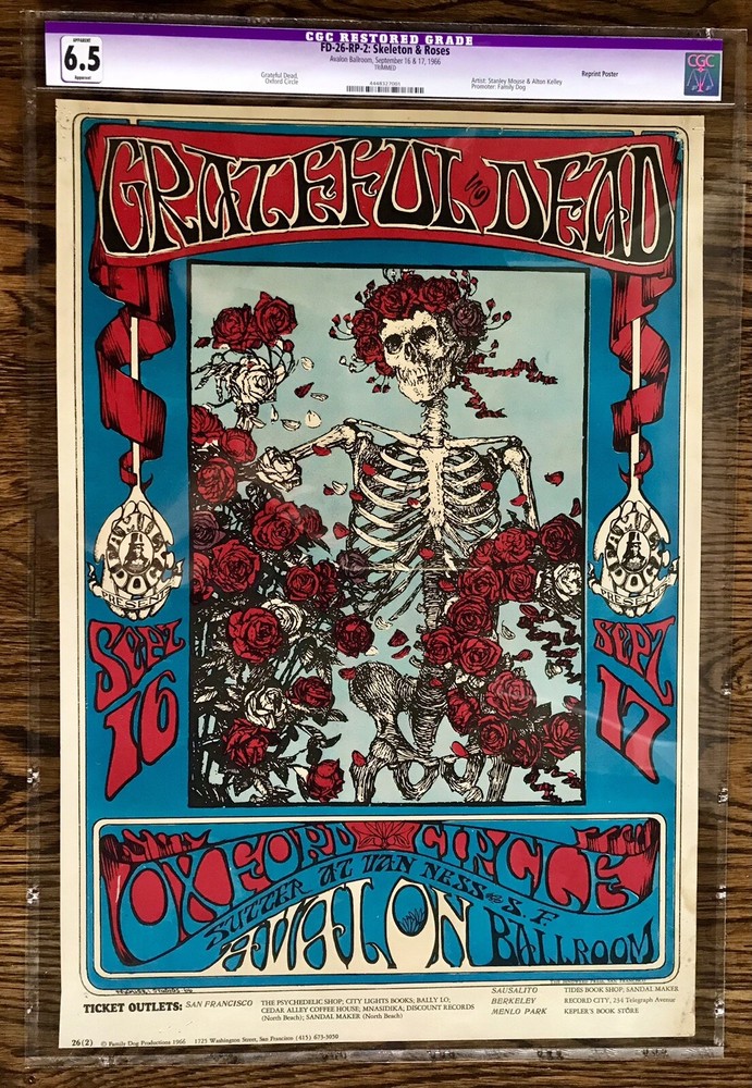ICONIC ORIGINAL  FD-26-RP-2: CGC 6.5  Rare Skeleton & Roses Poster/Grateful Dead