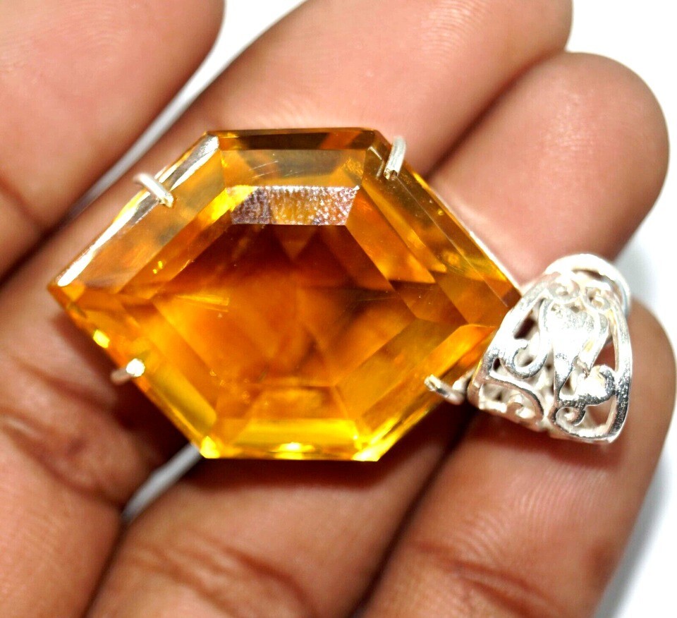 94.08 Ct Natural Yellow Citrine Fancy Cut 925 Solid Silver Pendant Gemstone