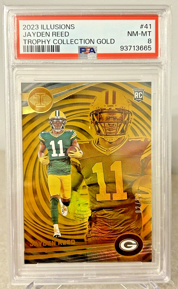 Jayden Reed RC 2023 Illusions Trophy Collection Gold PSA 8 Packers /25 - Pop 1