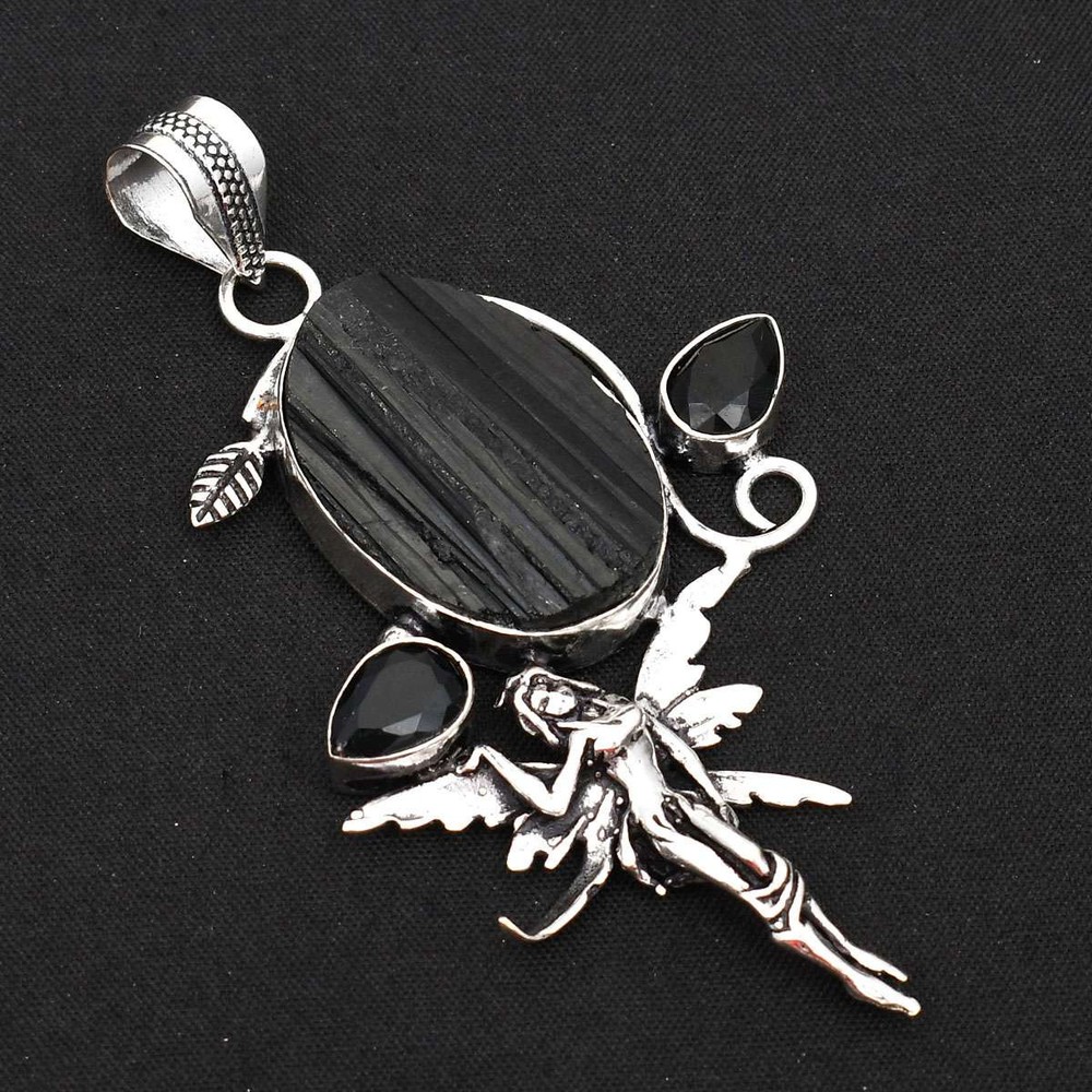 Black Tourmaline Onyx Gemstone Fairy Pendant Necklace 3.24 Inch AP-77077  