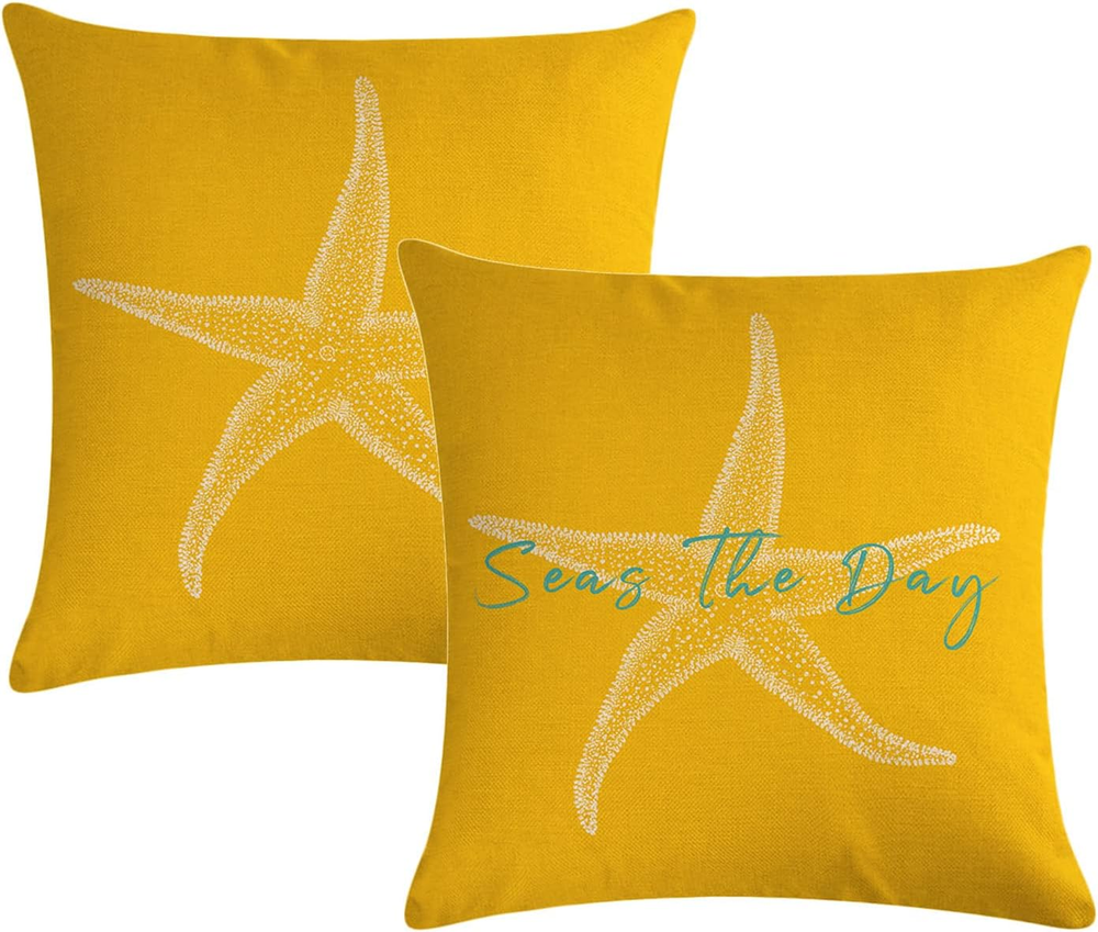 Set of 2 Seas the Day Beach Starfish Throw Pillow Covers Yellow Background