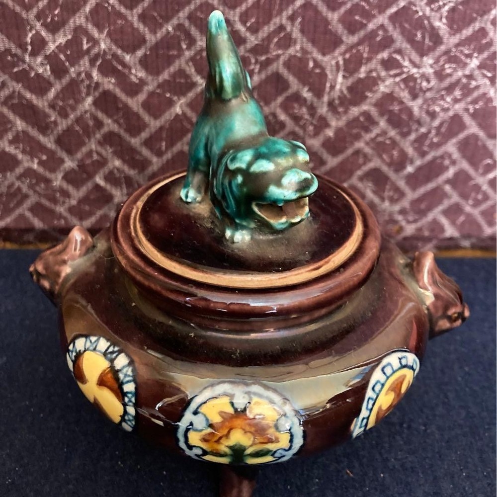 Pottery 5.5 in Incense Burner Lion Foo Dog Japanese Kutani Vintage Censer