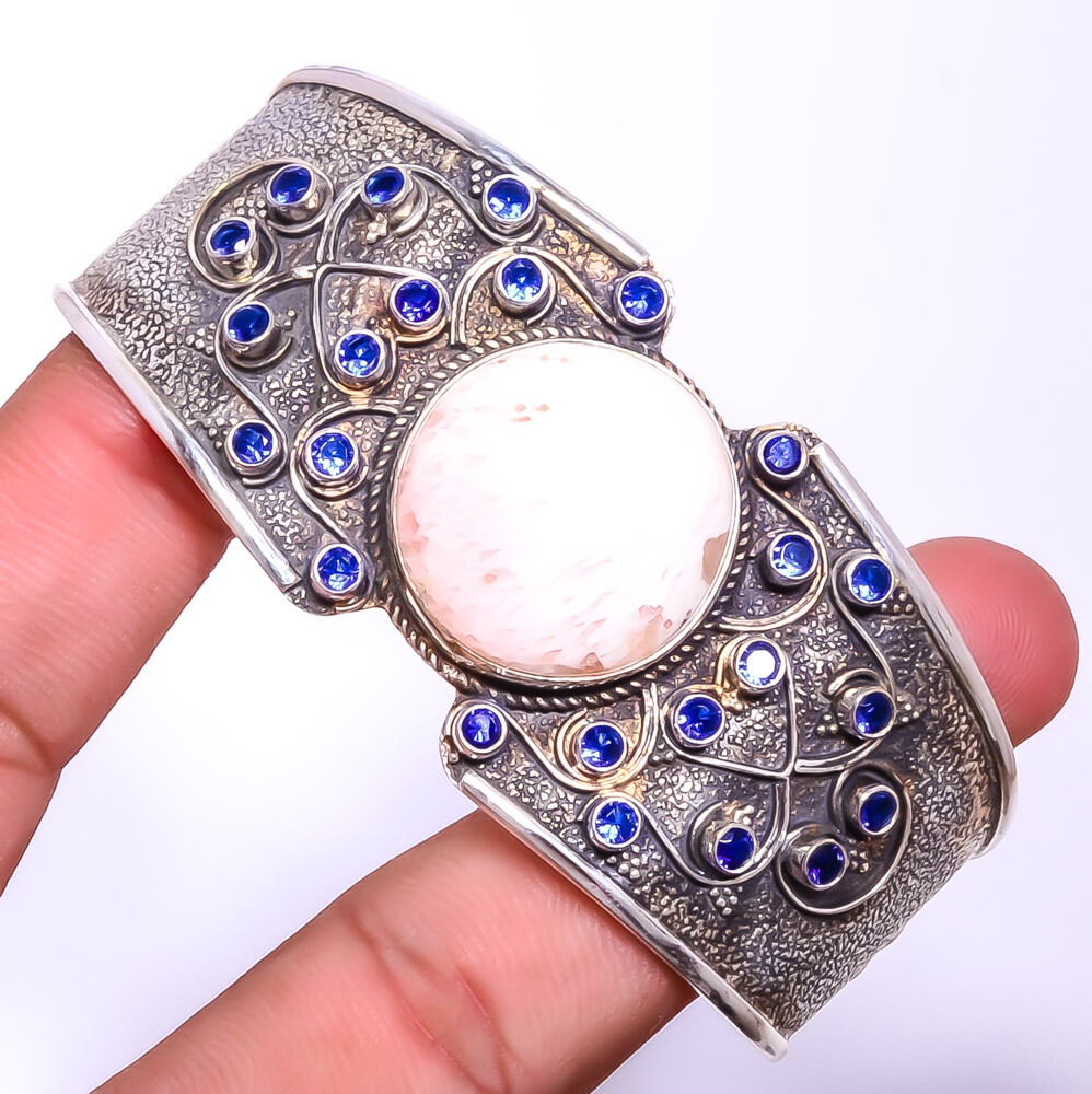 Orange Scolecite India Blue Sapphire Simulated Sterling Silver Cuff T913