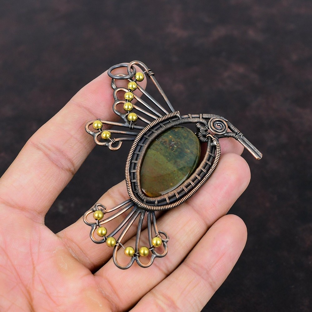 Mother's Day Special Oval Bloodstone Wire-Wrapped Bird Pendant in Copper-image