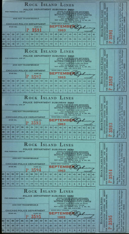 Rock Island Lines Chicago Police & Suburban Pass uncut sheet of 5 unused  9 1963