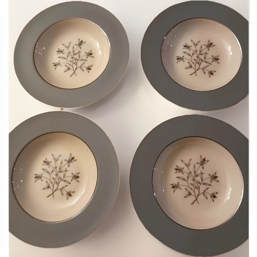 Set Of 4 Lenox Kingsley Rim Soup Bowls Teal Band Platinum Trim Floral Center
