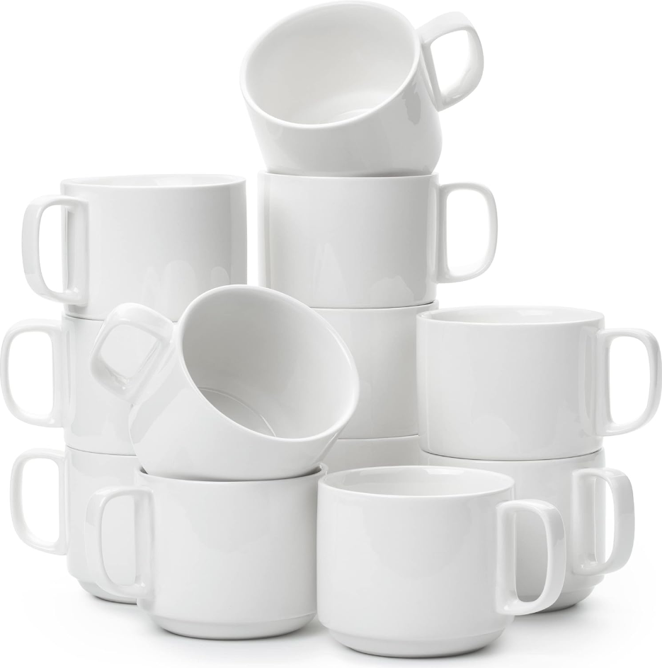 Stackable Coffee Mugs, White, 12 Pack, 12 Oz (350 ml), Porcelain Coffee Ceramic