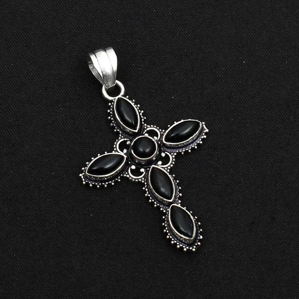 Black Onyx Gemstone Handmade Cross Pendant Necklace Gift For Women 1.92 Inch  