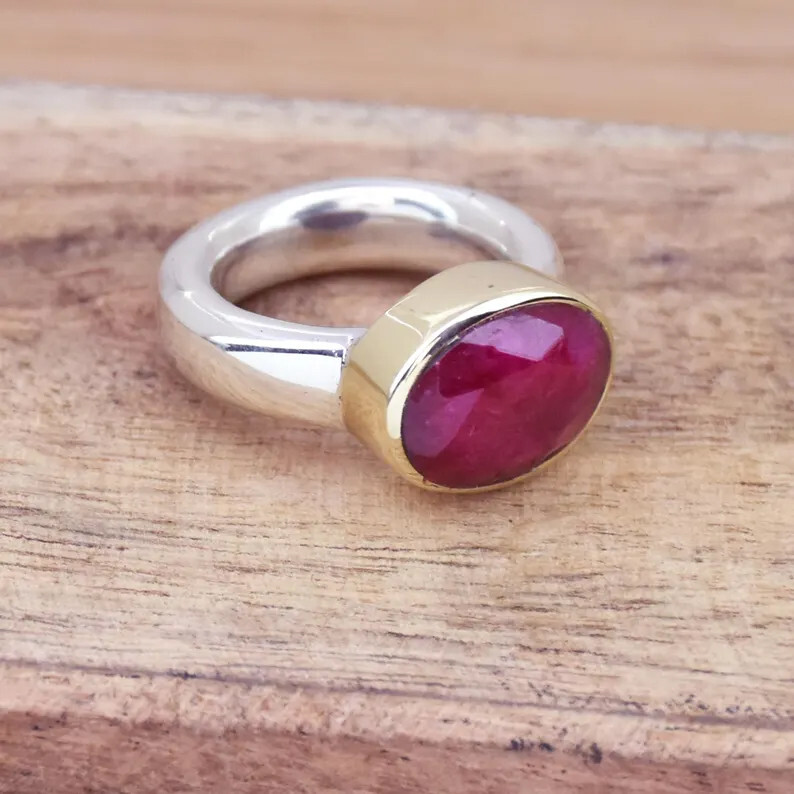 Handmade 925 Sterling Silver Indian Ruby Bohemian Thick Band Gift Ring