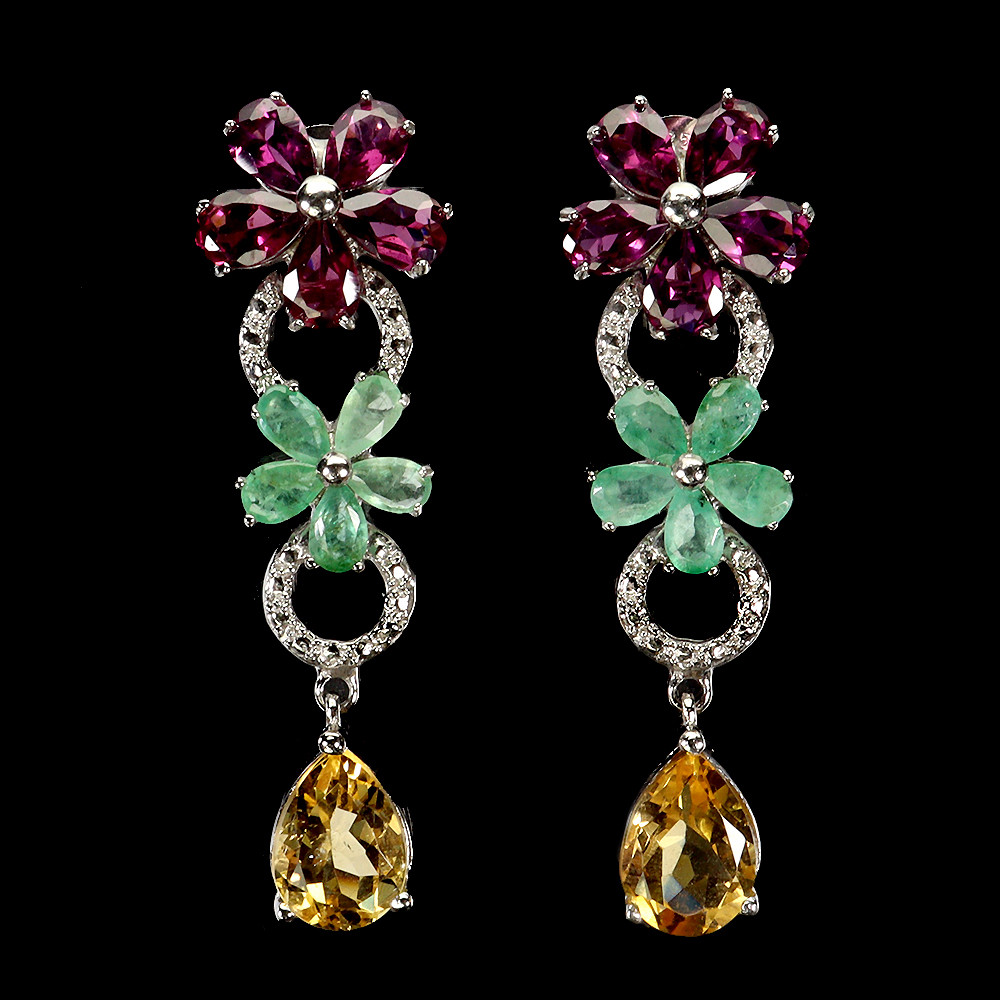 925 Sterling Silver Gemstone Earrings with Citrine Emerald Garnet Pear Design