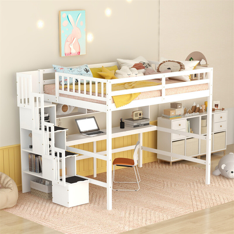 Full size white loft bed with built-in desk bookshelves and storage staircase-image