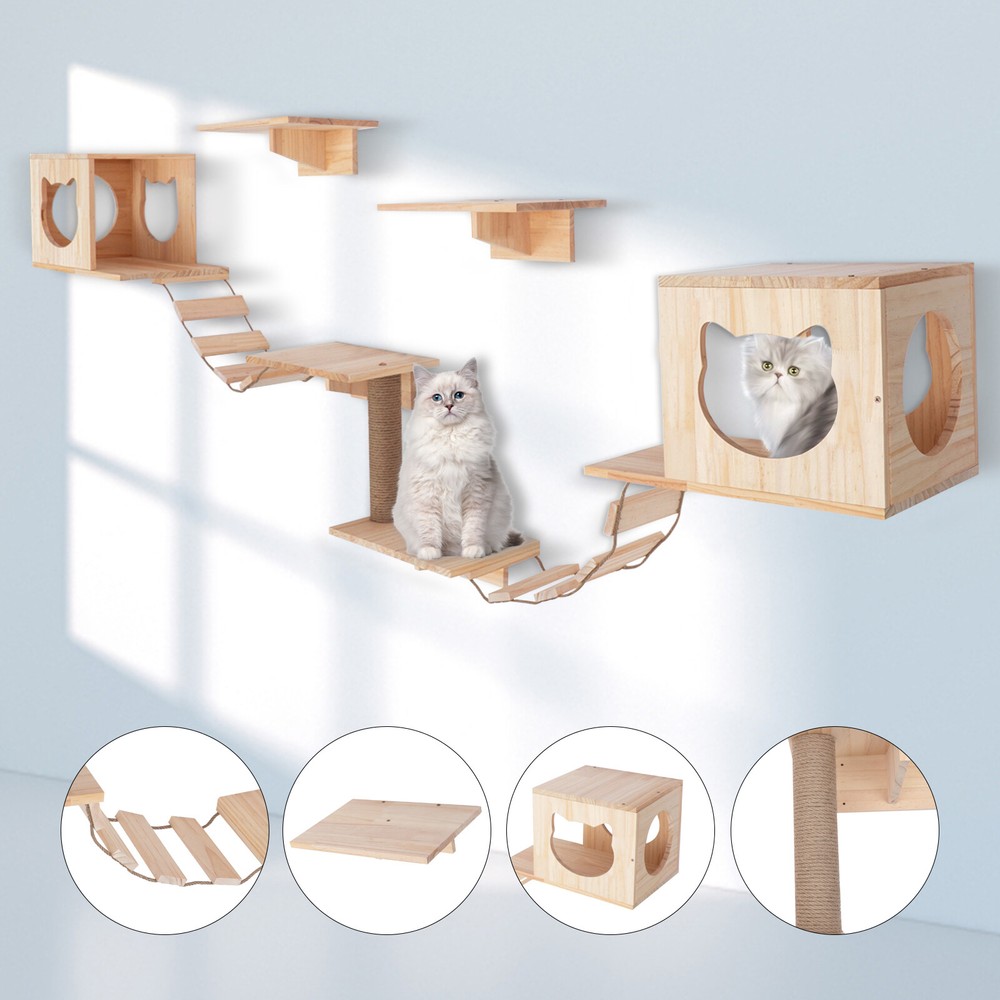 Wall Mounted Solid Wood Cat Climbing Shelf with Kitten Bed House Indoor