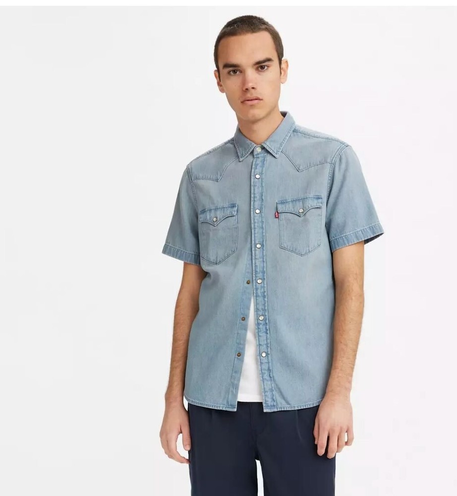 Levis Mens Western Denim Short Sleeve Shirt XXL Light Blue