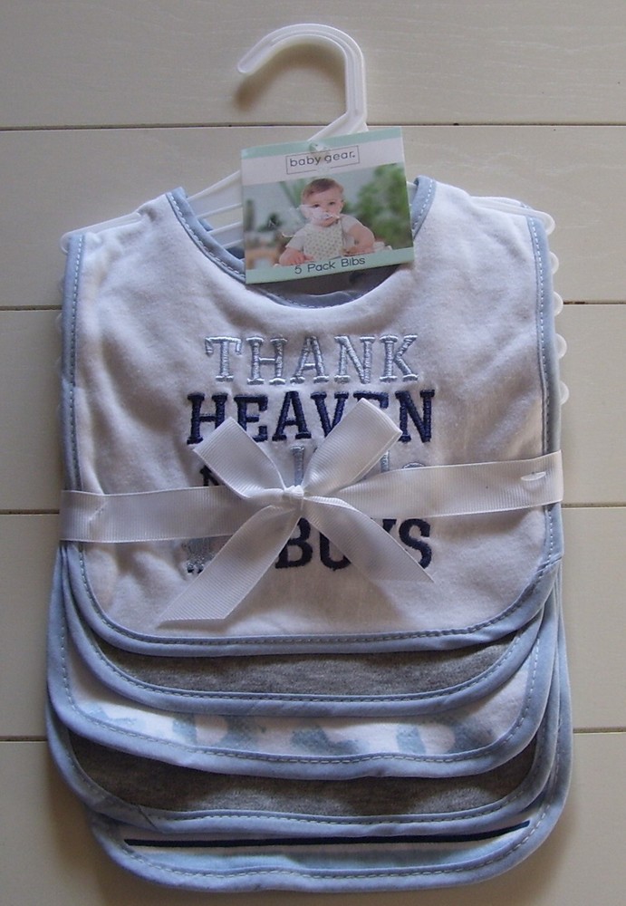 Baby Gear 5 Pack Thank Heaven for Little Boys Blue Elephant Solid Stripe Bibs
