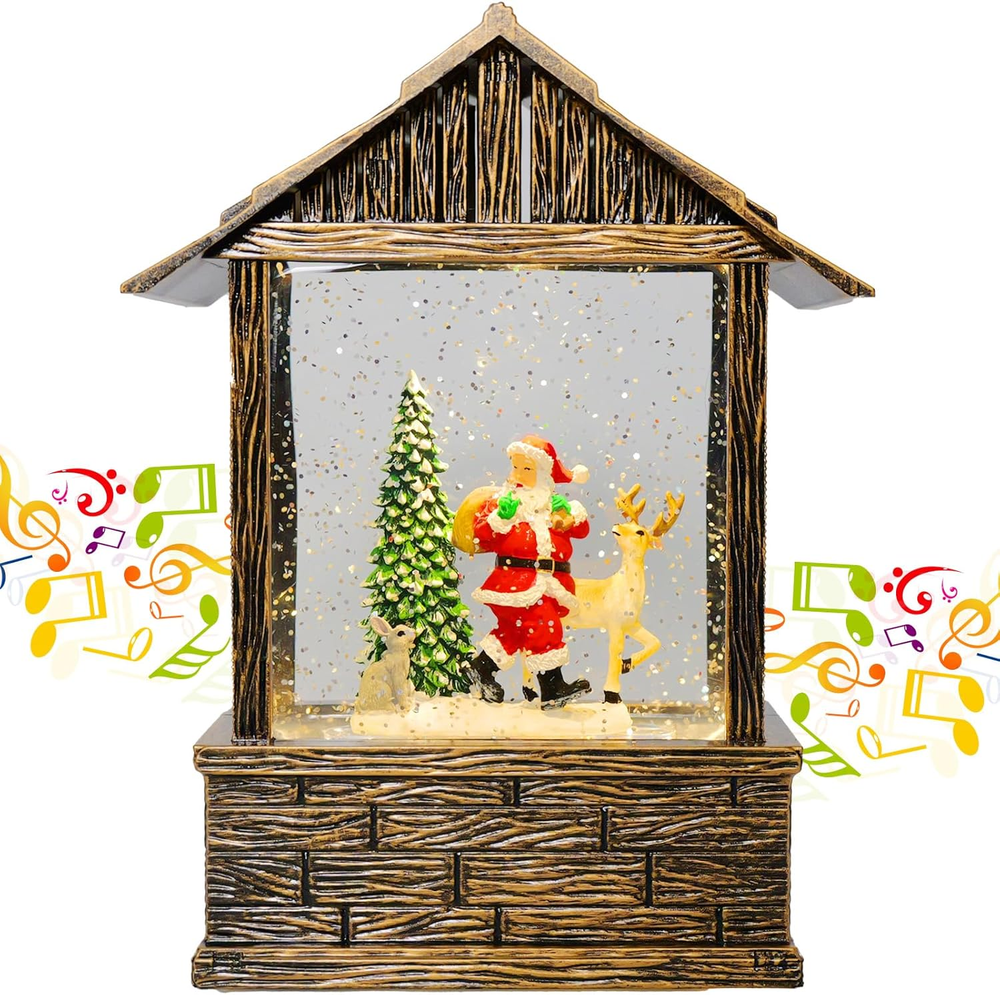 Christmas Snow Globes, Santa Claus with Reindeer Scene Snow Globes, Glittering S