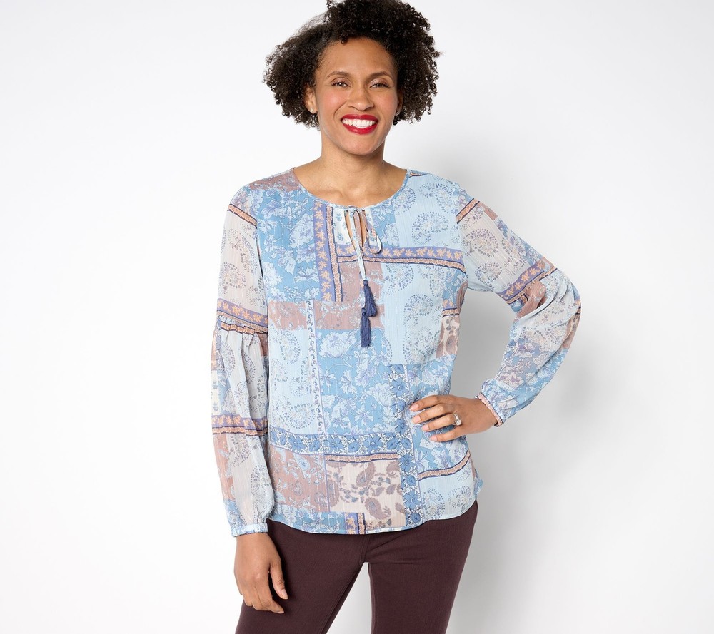 Maya J Women's Top Sz M Belle Boho by Kim Gravel Patchwork Peasant Blue A652499