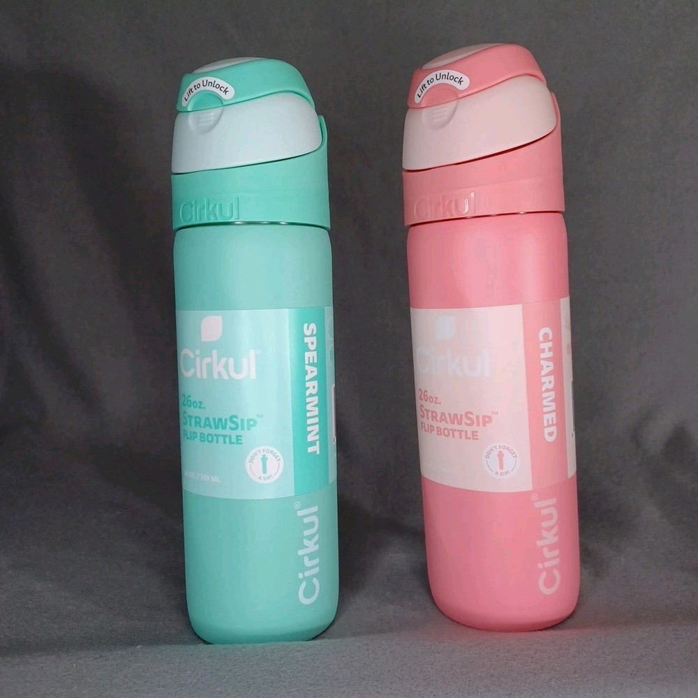 Cirkul Bundle Of 2 StrawSip Flip Water Bottle 26oz Dbl Wall Spearmint & Charmed