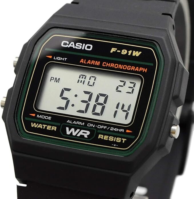 CASIO F-91W-3 Digital Watch Black with Green Edge Retro Style  