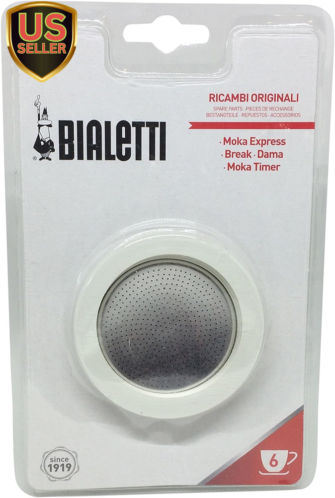 Moka Express 6 Cup Replacement Filter with 3 Sealing Gaskets in White