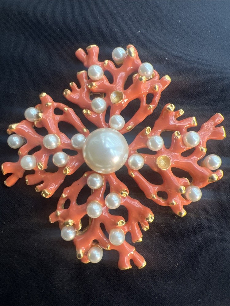 Vintage  Keneth Jay Lane Pin Brooch Orange/ Gold Plated Pearl Jewelry 2”x2”