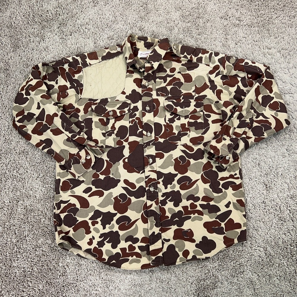 Vintage Camo Shirt Mens 16-33 Brown Beige Duck Hunting Recoil Pad Creighton USA