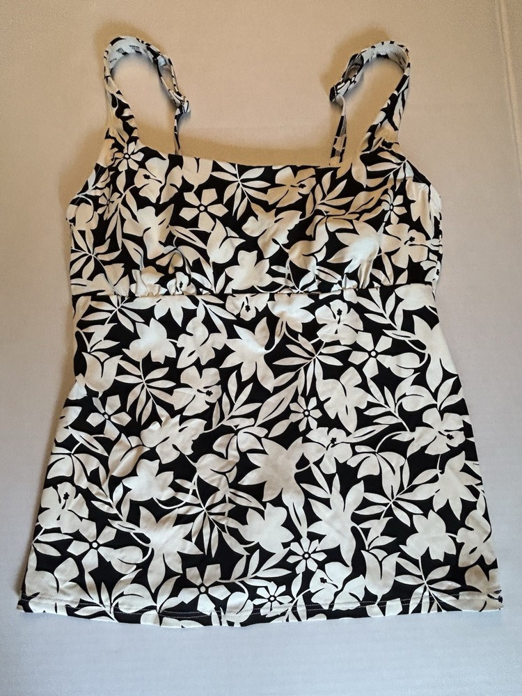 Lands End Swim Tankini Top Underwire Black White Floral UPF 50 Size 10